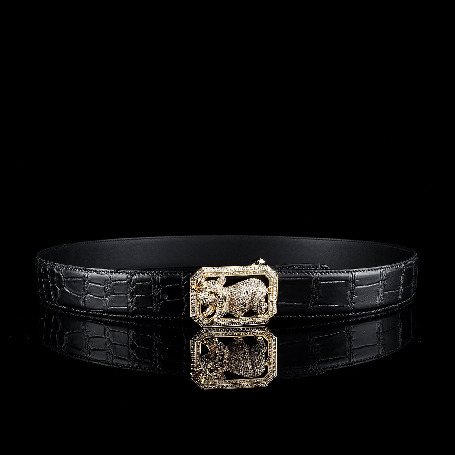 BELTLEY Black Exotic Crocodile Belt for Men-12 Zodiac Pig Buckle Belt