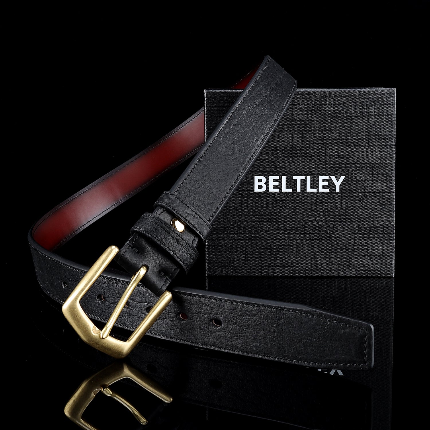 BELTLEY Black Full-Grain Cowhide Leather Belt for Men
