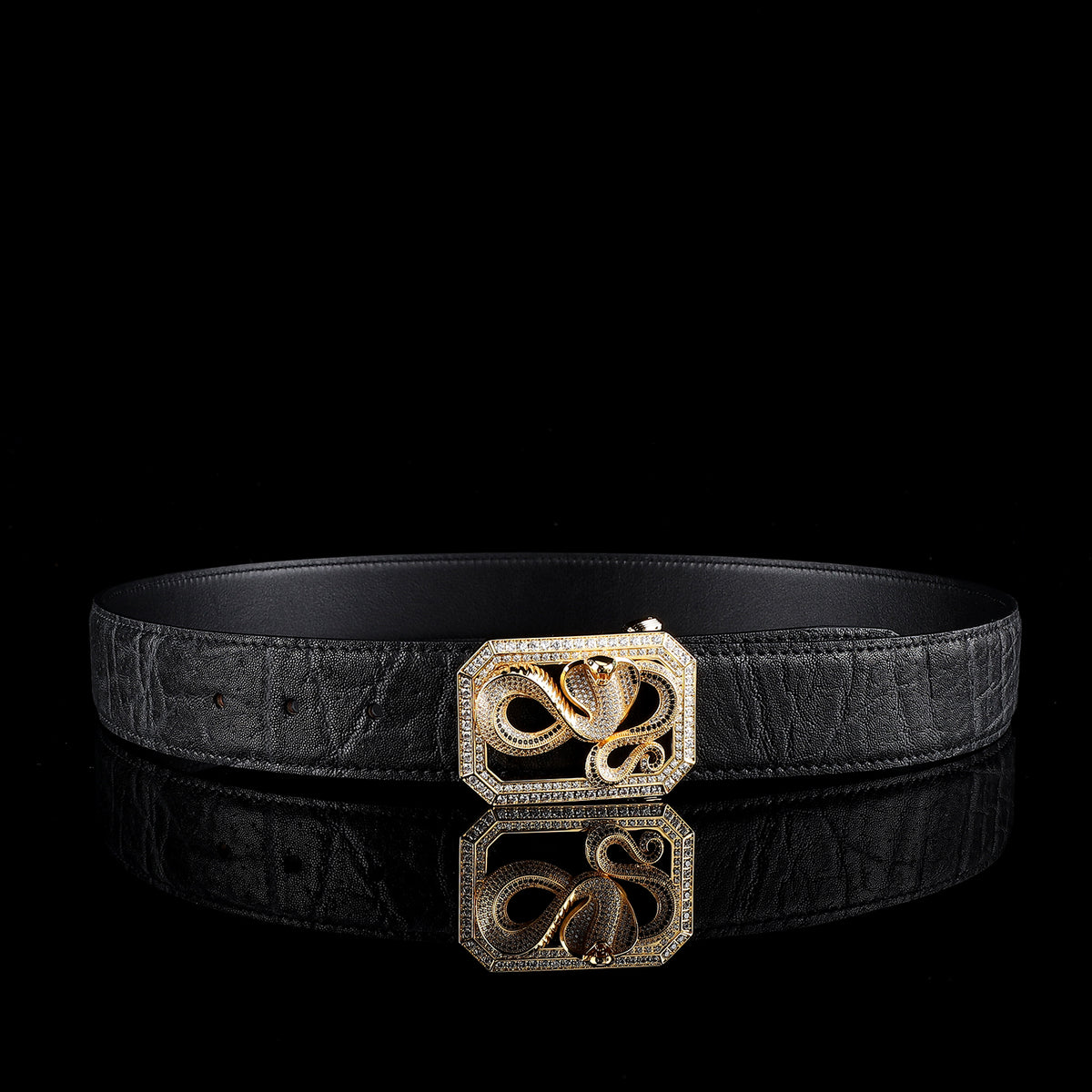 Black Genuine Elephant Hide Belt- Gold Plated Snake Buckle
