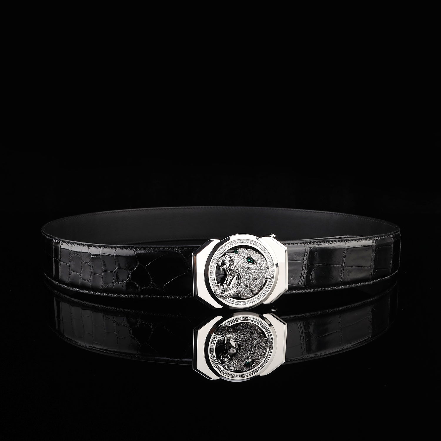 BELTLEY Black Glazed Finish Crocodile Belt with Leopard Buckle