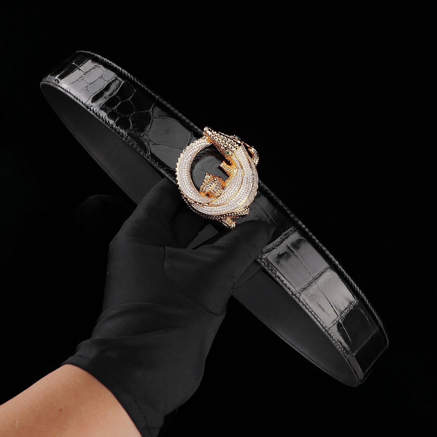 BELTLEY Black Glazed Nile Crocodile Leather Belt