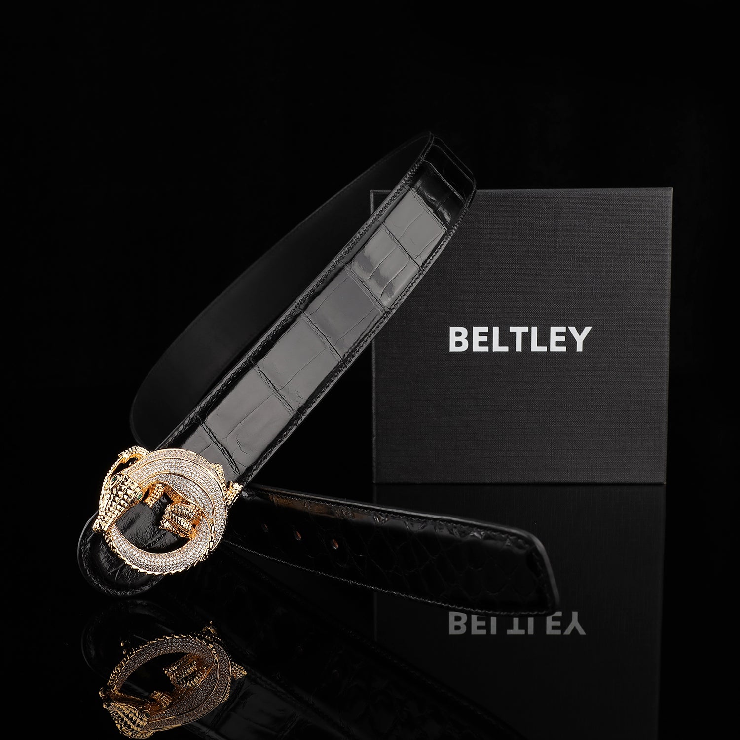 BELTLEY Black Glazed Nile Crocodile Leather Belt