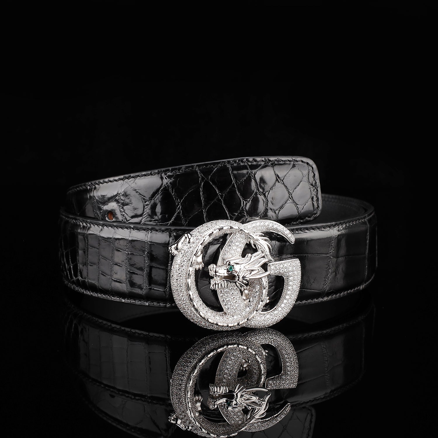 BELTLEY Black Glossy Crocodile Leather Belt for Men