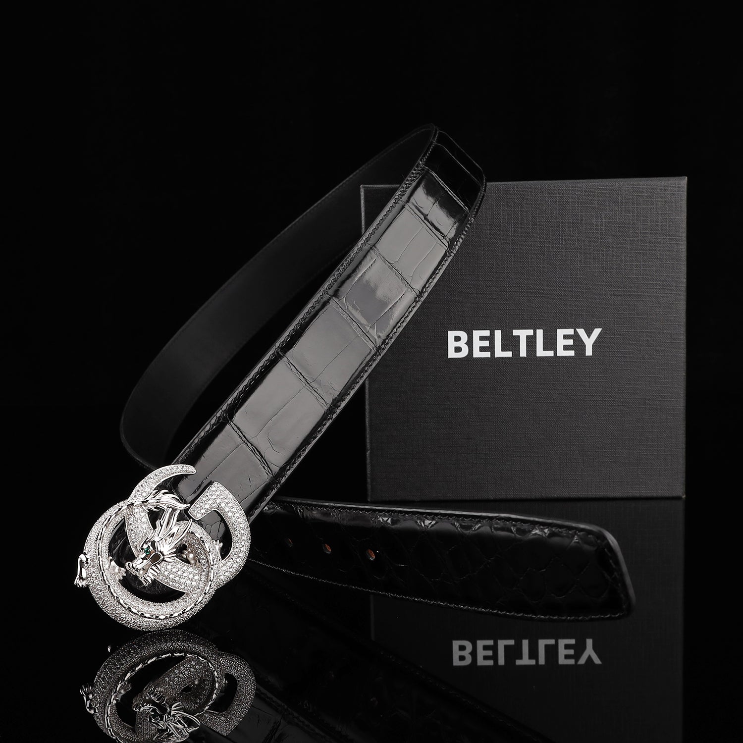 BELTLEY Black Glossy Crocodile Leather Belt for Men