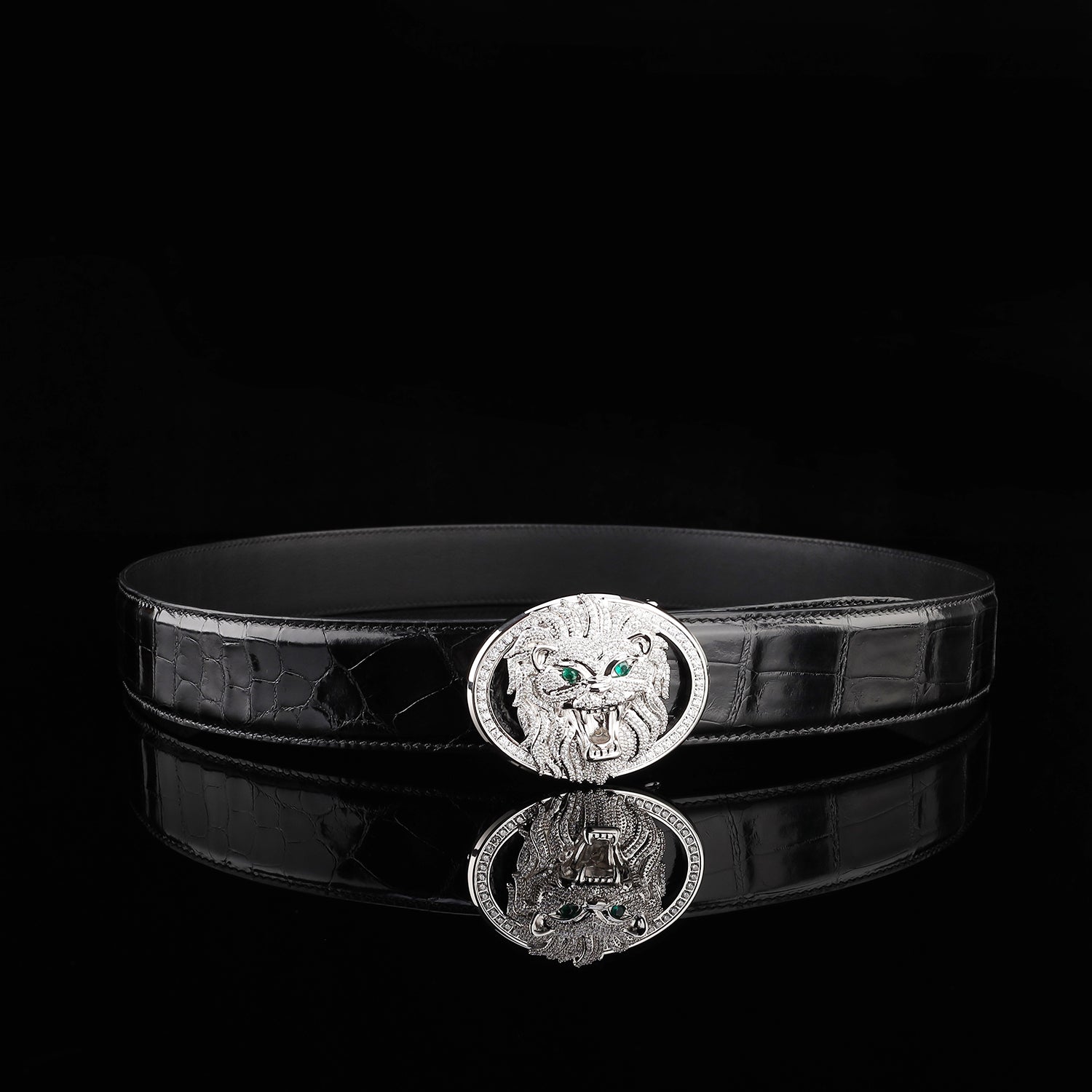 BELTLEY Black High Gloss Crocodile Belt with Lion Buckle