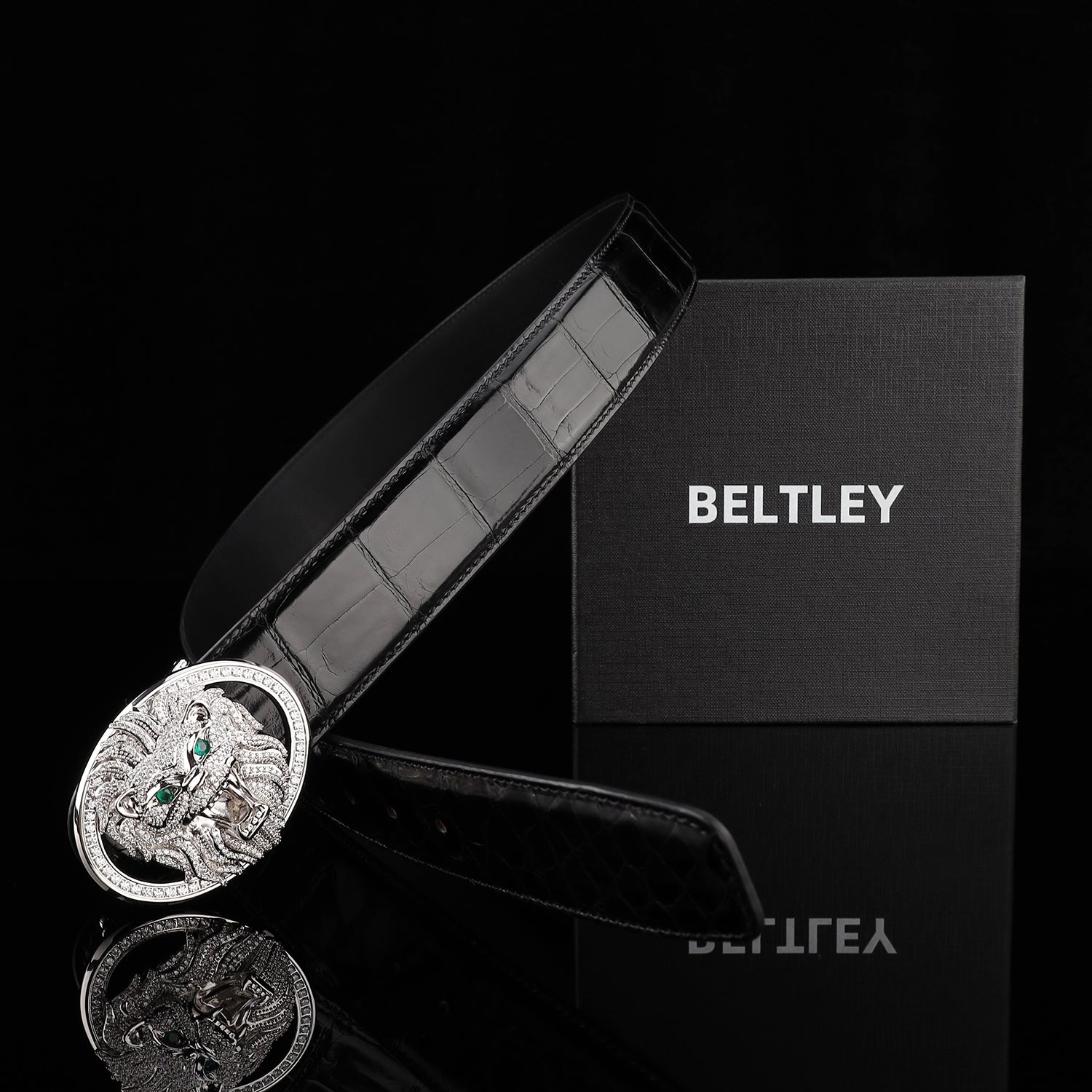 BELTLEY Black High Gloss Crocodile Belt with Lion Buckle