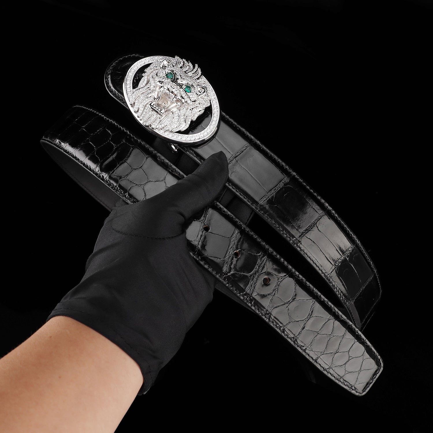 BELTLEY Black High Gloss Crocodile Belt with Lion Buckle