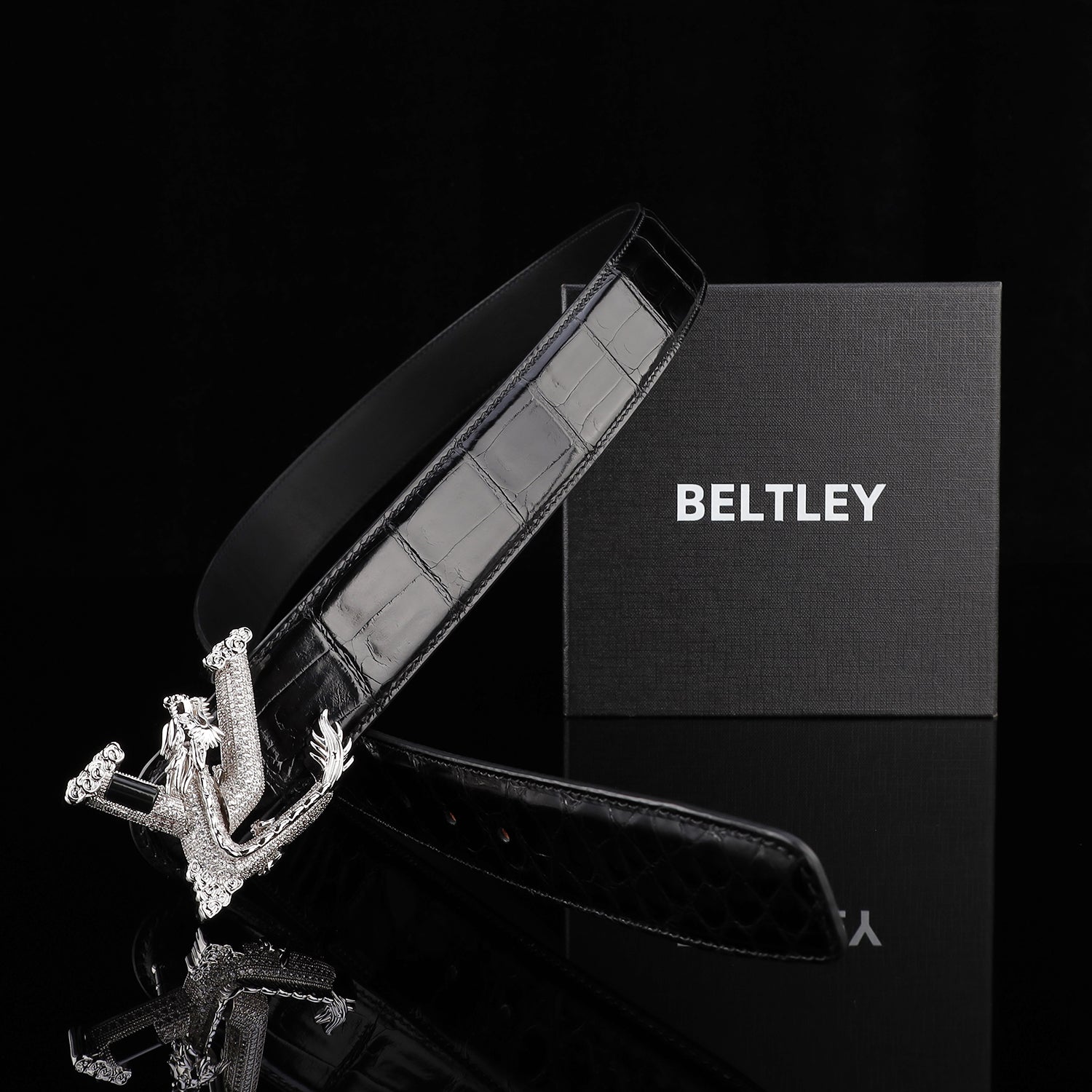 BELTLEY Black Mirror Finish Crocodile Belt with Dragon V Buckle