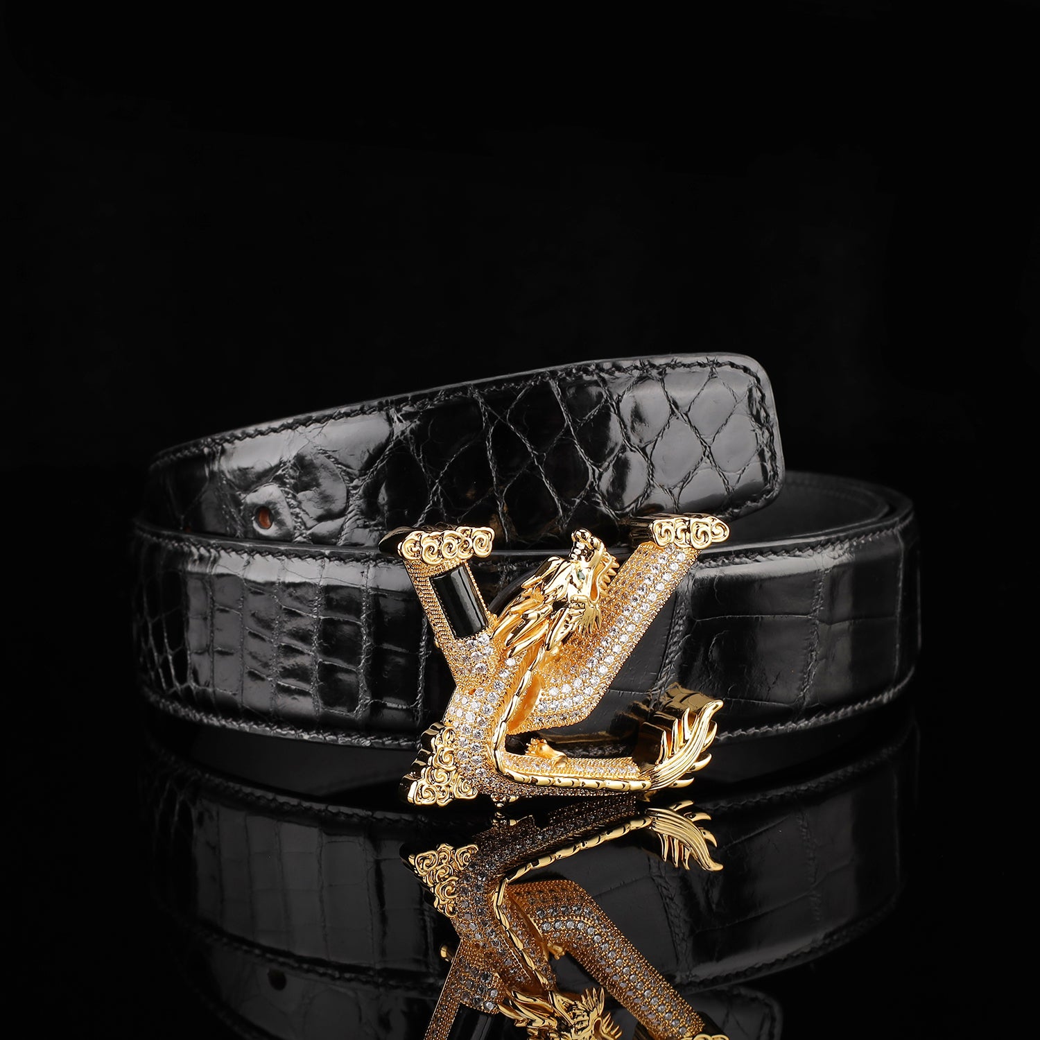 BELTLEY Black Mirror Finish Crocodile Belt with Dragon V Buckle