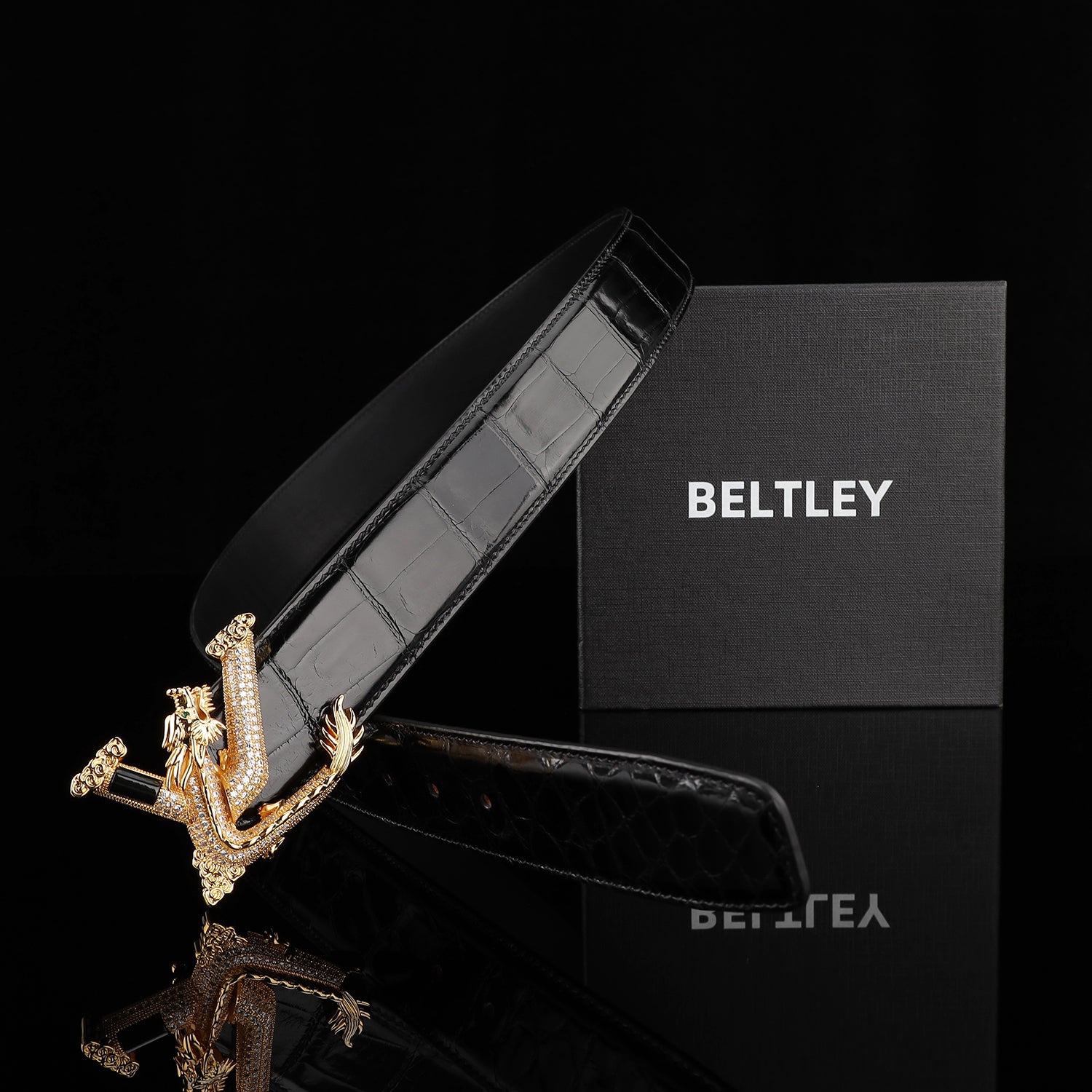 BELTLEY Black Mirror Finish Crocodile Belt with Dragon V Buckle