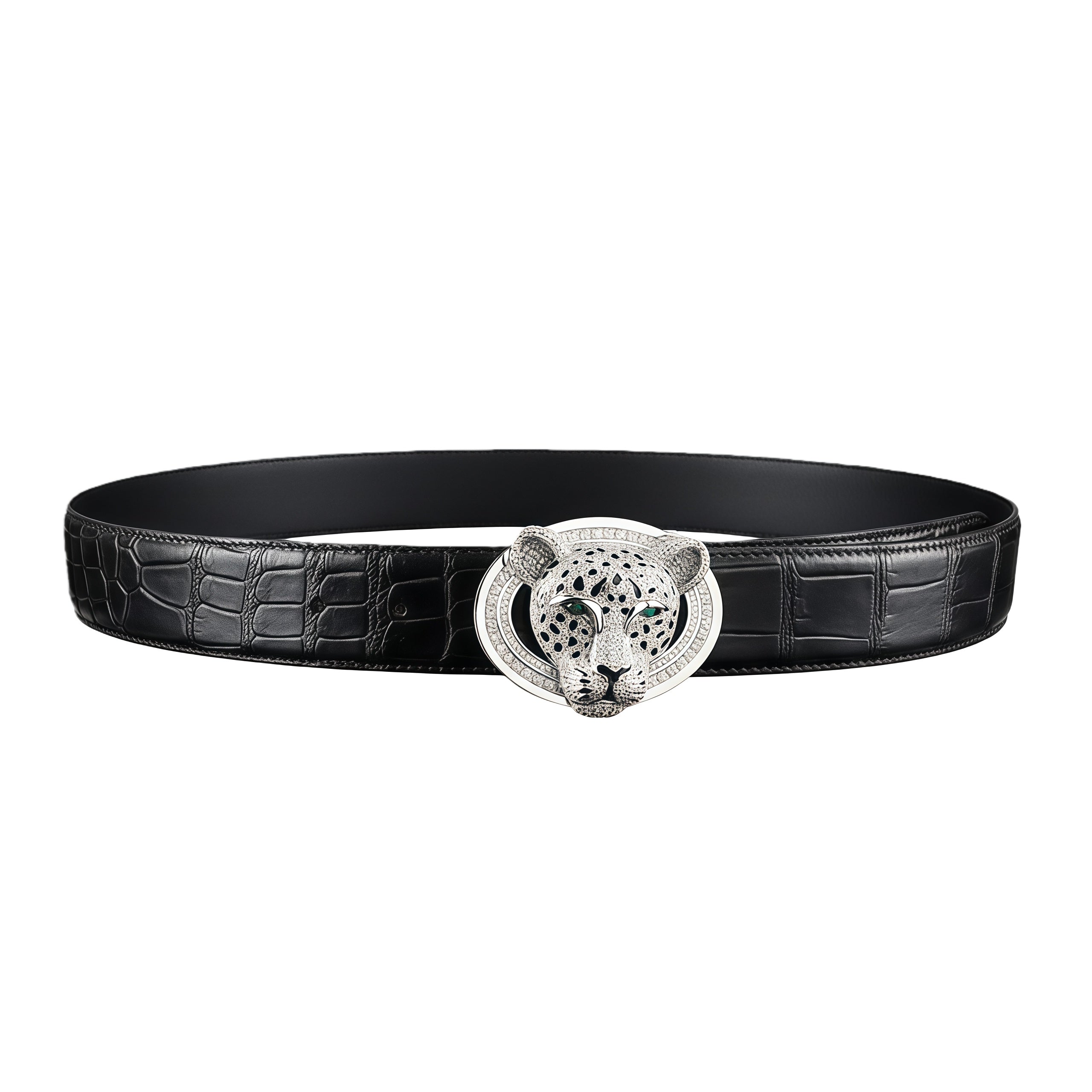 BELTLEY Black Nile Crocodile Belt with 3D Silver Leopard Buckle For Men