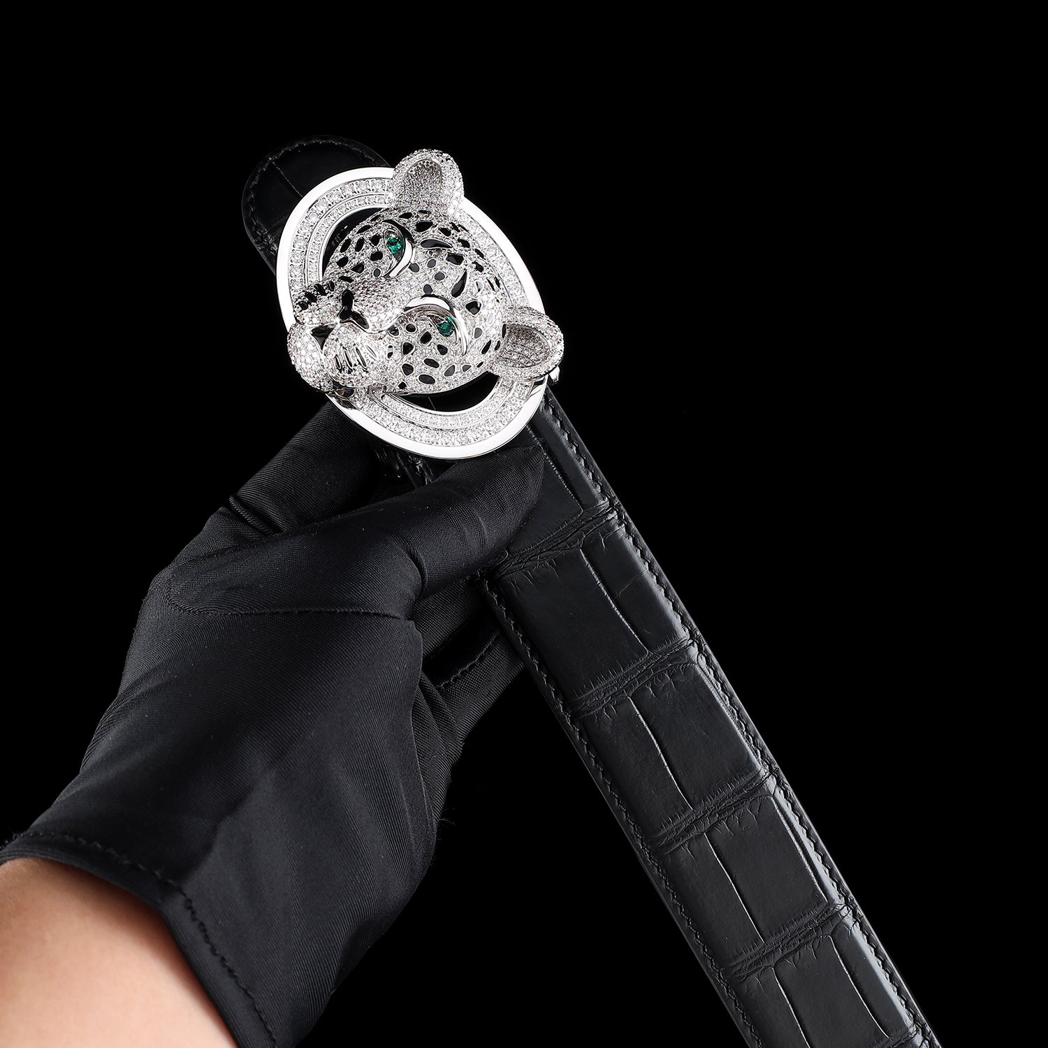 BELTLEY Black Nile Crocodile Belt with 3D Silver Leopard Buckle For Men