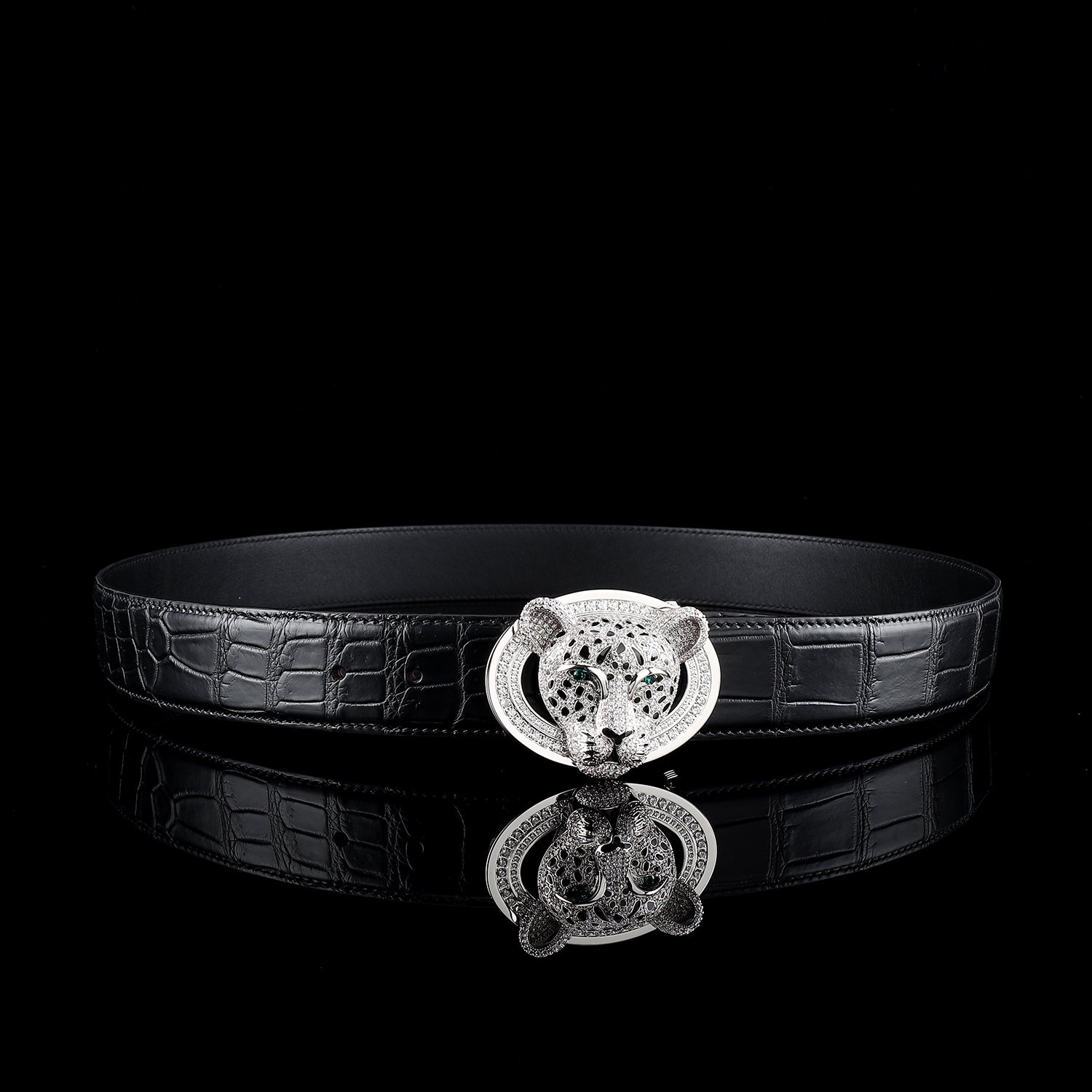 BELTLEY Black Nile Crocodile Belt with 3D Silver Leopard Buckle For Men