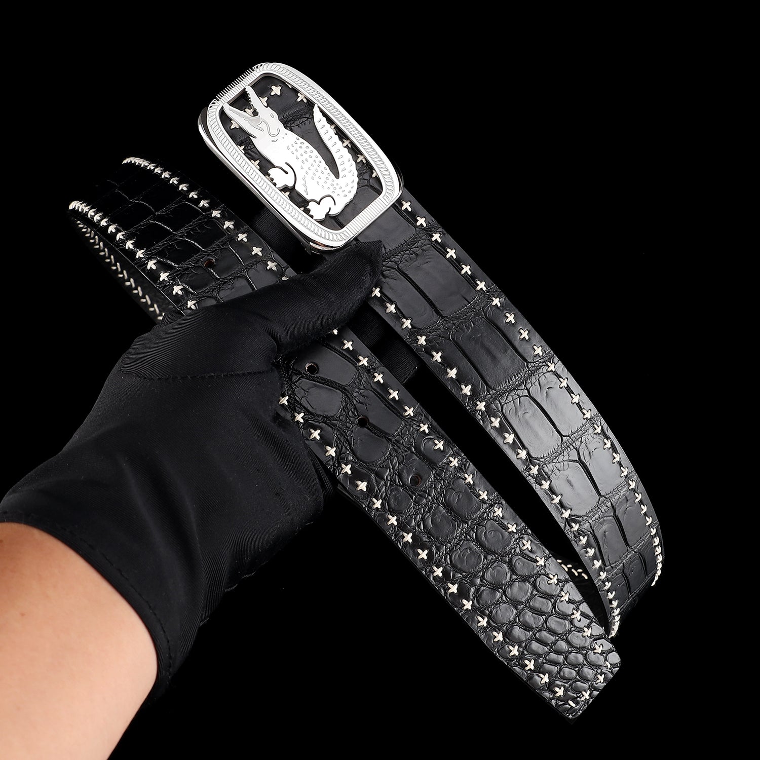 Black Nile Crocodile Leather Belt — buckle close-up | BELTLEY