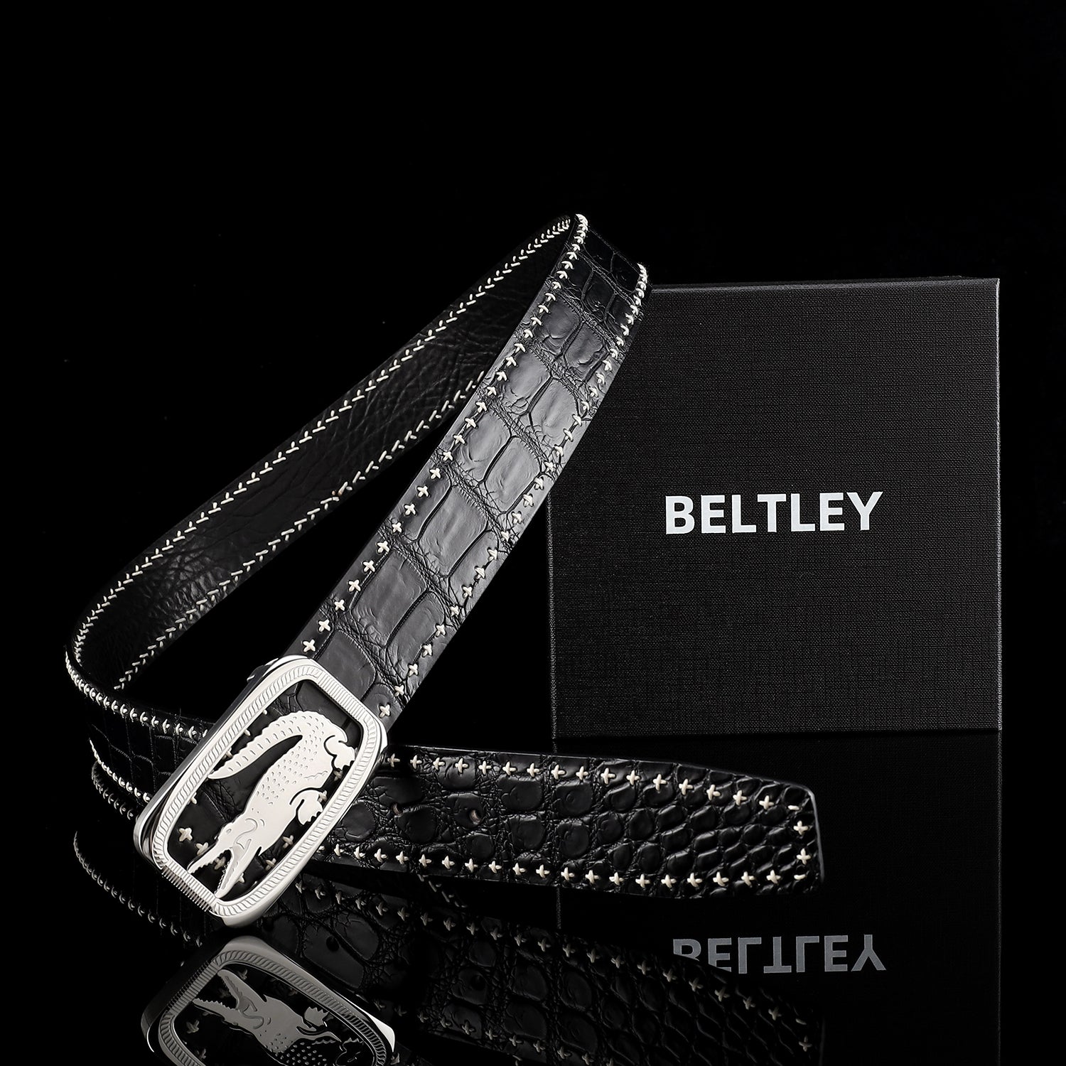 Black Nile Crocodile Leather Belt — edge detail | BELTLEY