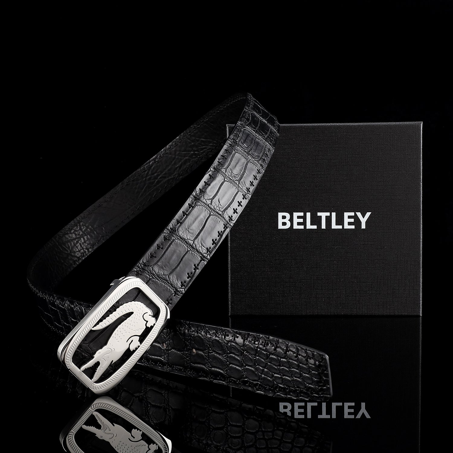 BELTLEY Black Nile Crocodile Leather Belt