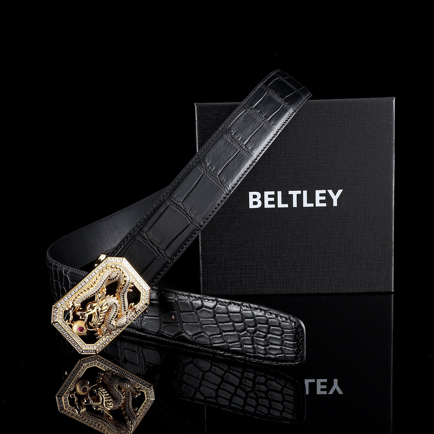BELTLEY Black Nile Crocodile Leather Belt for Men with Dragon buckle