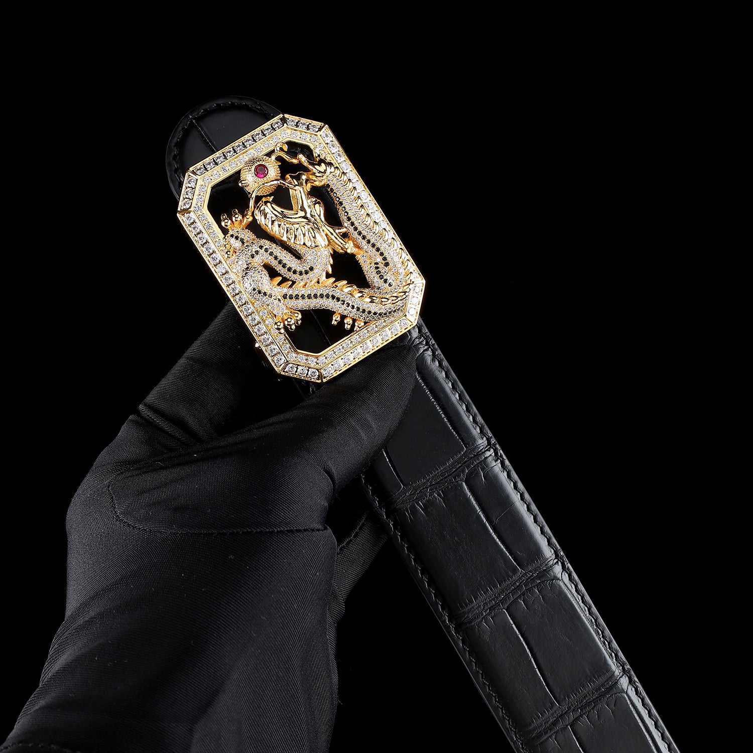 BELTLEY Black Nile Crocodile Leather Belt for Men with Dragon buckle