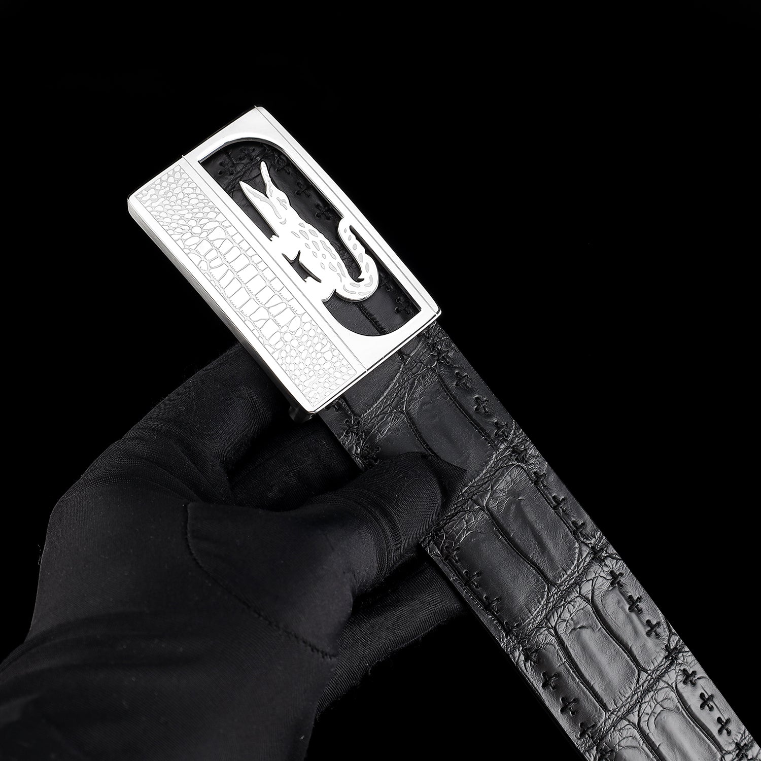 Black Nile Crocodile Leather Belt with Crocodile Plaque Buckle — additional view 11 | BELTLEY