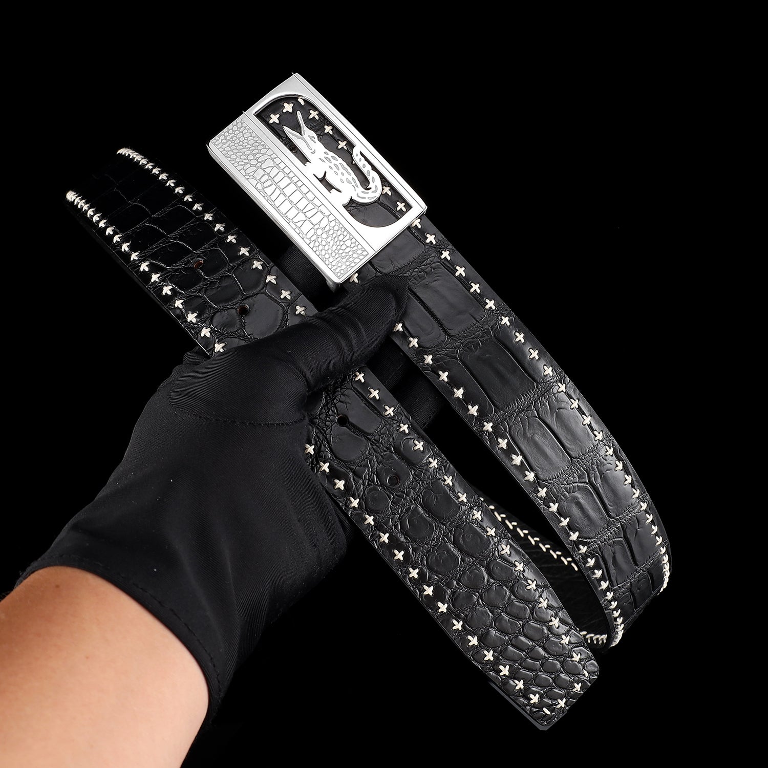 Black Nile Crocodile Leather Belt with Crocodile Plaque Buckle — lay-flat view | BELTLEY