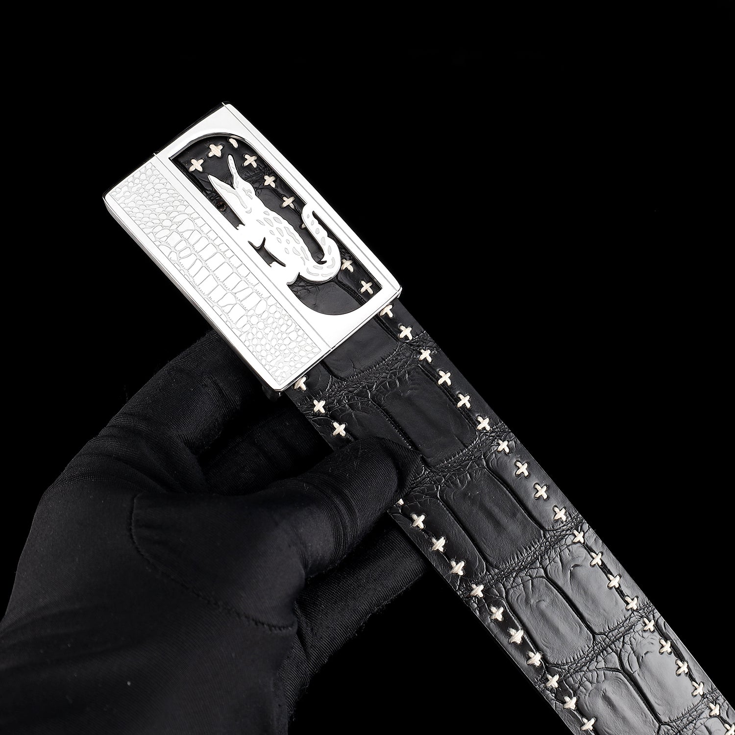 Black Nile Crocodile Leather Belt with Crocodile Plaque Buckle — lifestyle shot | BELTLEY