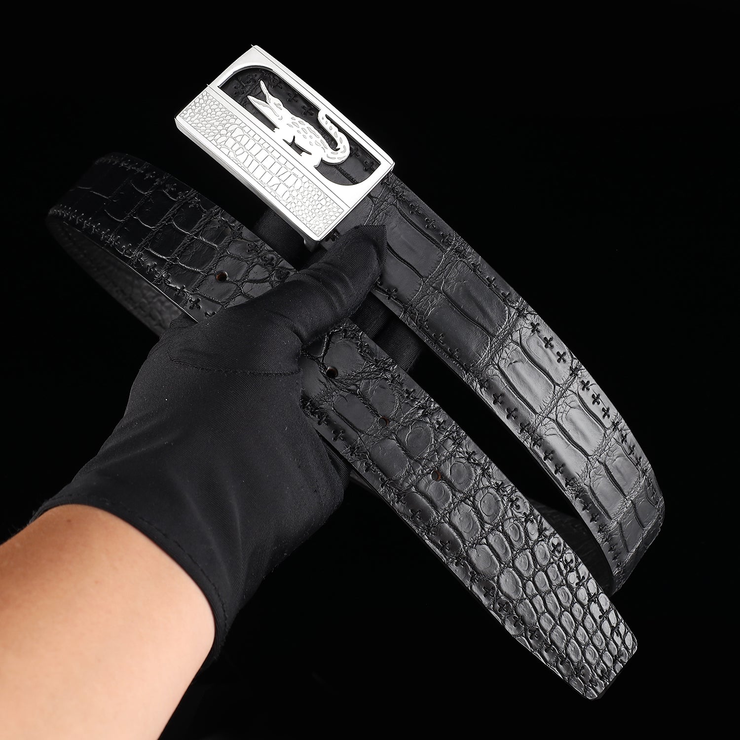 Black Nile Crocodile Leather Belt with Crocodile Plaque Buckle — additional view 13 | BELTLEY