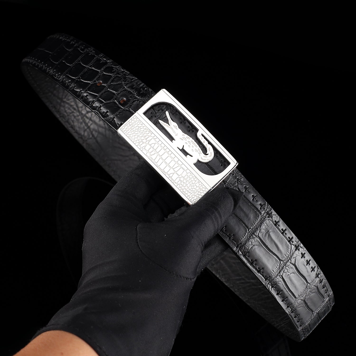 Black Nile Crocodile Leather Belt with Crocodile Plaque Buckle — additional view 12 | BELTLEY