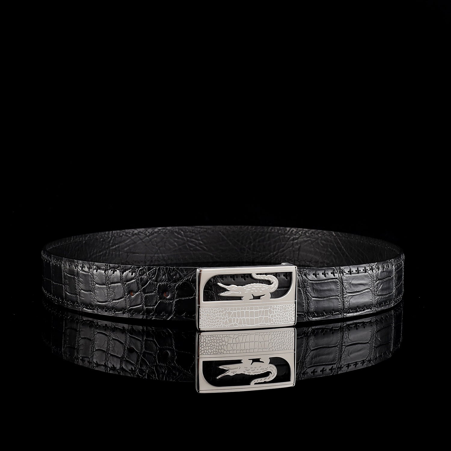 BELTLEY Black Nile Crocodile Leather Belt with Crocodile Plaque Buckle