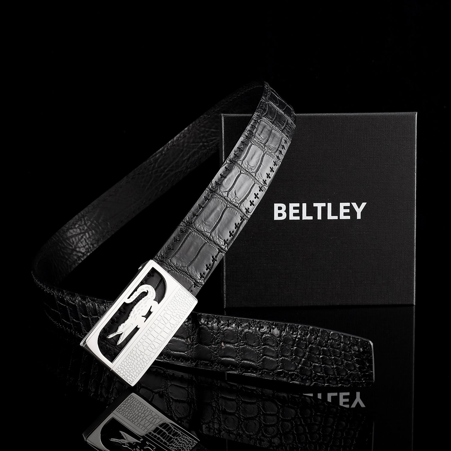 Black Nile Crocodile Leather Belt with Crocodile Plaque Buckle — edge detail | BELTLEY