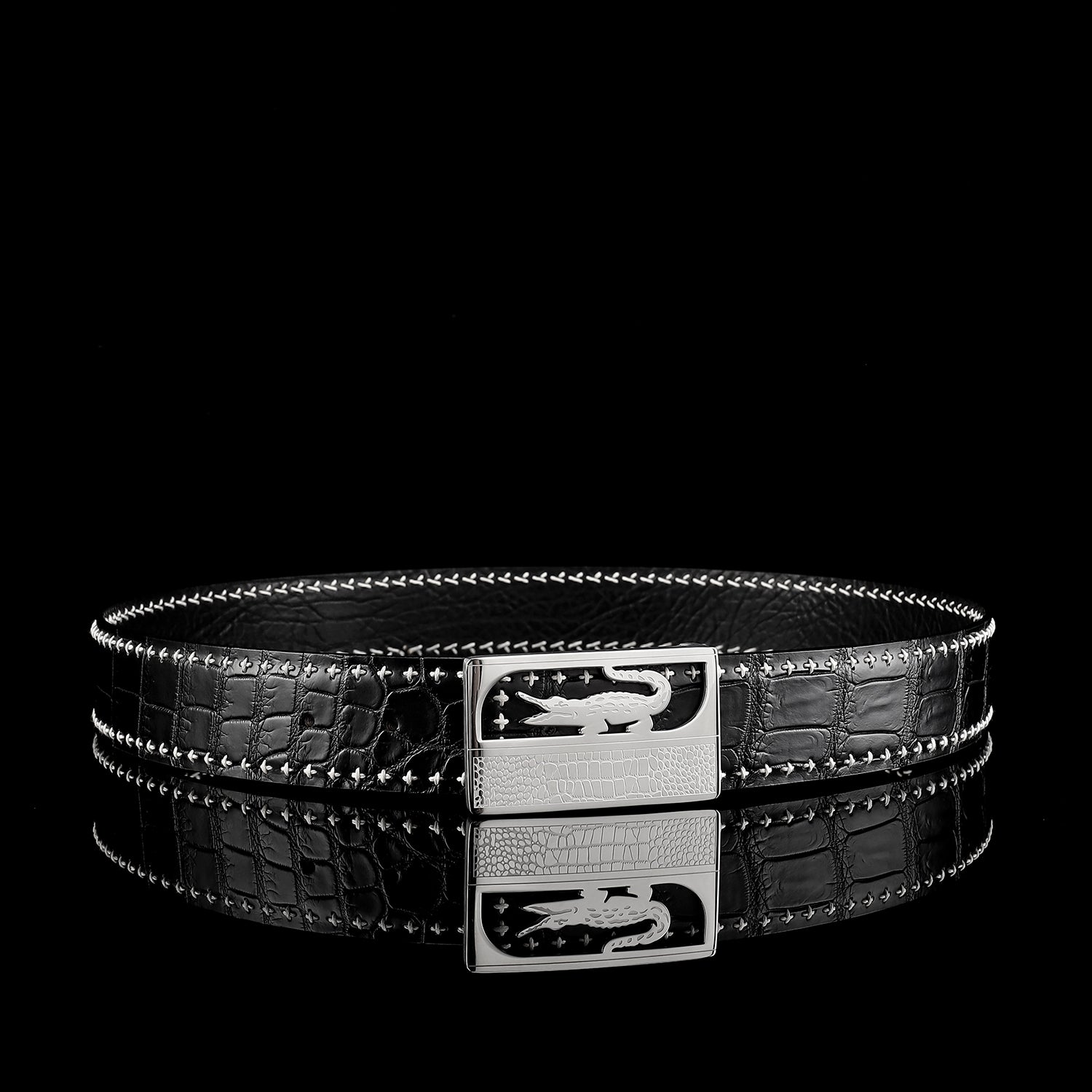 BELTLEY Black Nile Crocodile Leather Belt with Crocodile Plaque Buckle