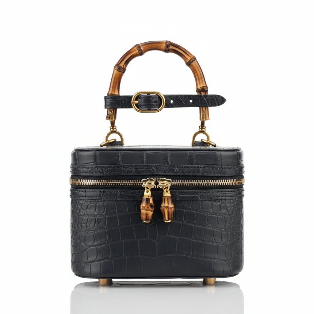 BELTLEY Black Nile Crocodile Vanity Case with Bamboo Handle