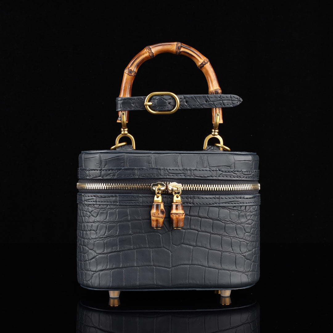 BELTLEY Black Nile Crocodile Vanity Case with Bamboo Handle