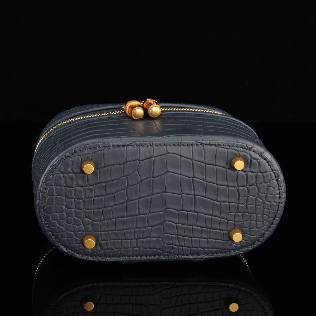 BELTLEY Black Nile Crocodile Vanity Case with Bamboo Handle