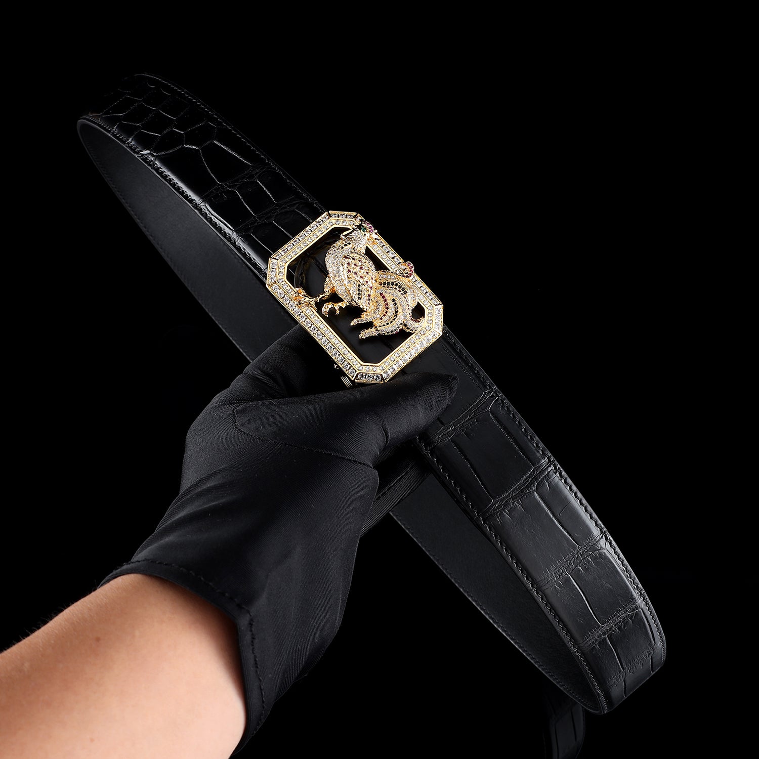 BELTLEY Black Original Nile Crocodile Leather Belt-Rooster Buckle