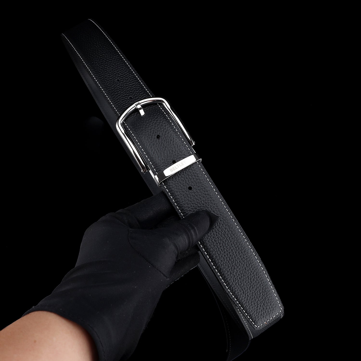 BELTLEY Black Pebbled Leather Belt-Unisex 1.5 Inches