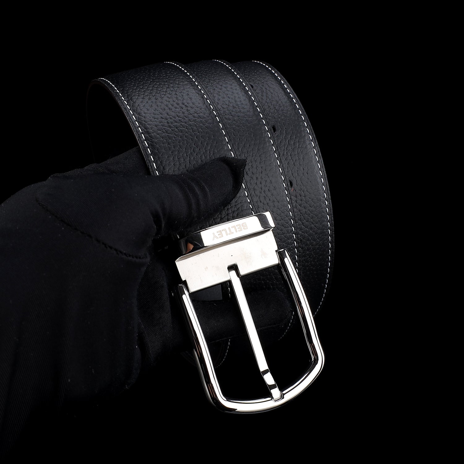 BELTLEY Black Pebbled Leather Belt-Unisex 1.5 Inches