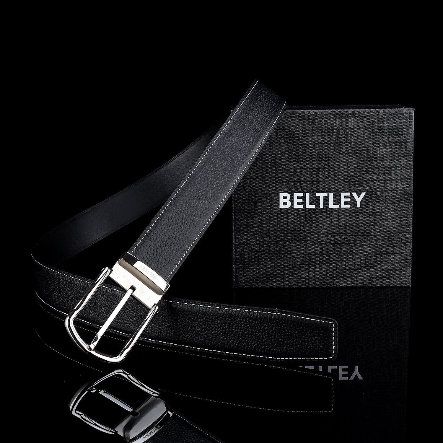 BELTLEY Black Pebbled Leather Belt-Unisex 1.5 Inches