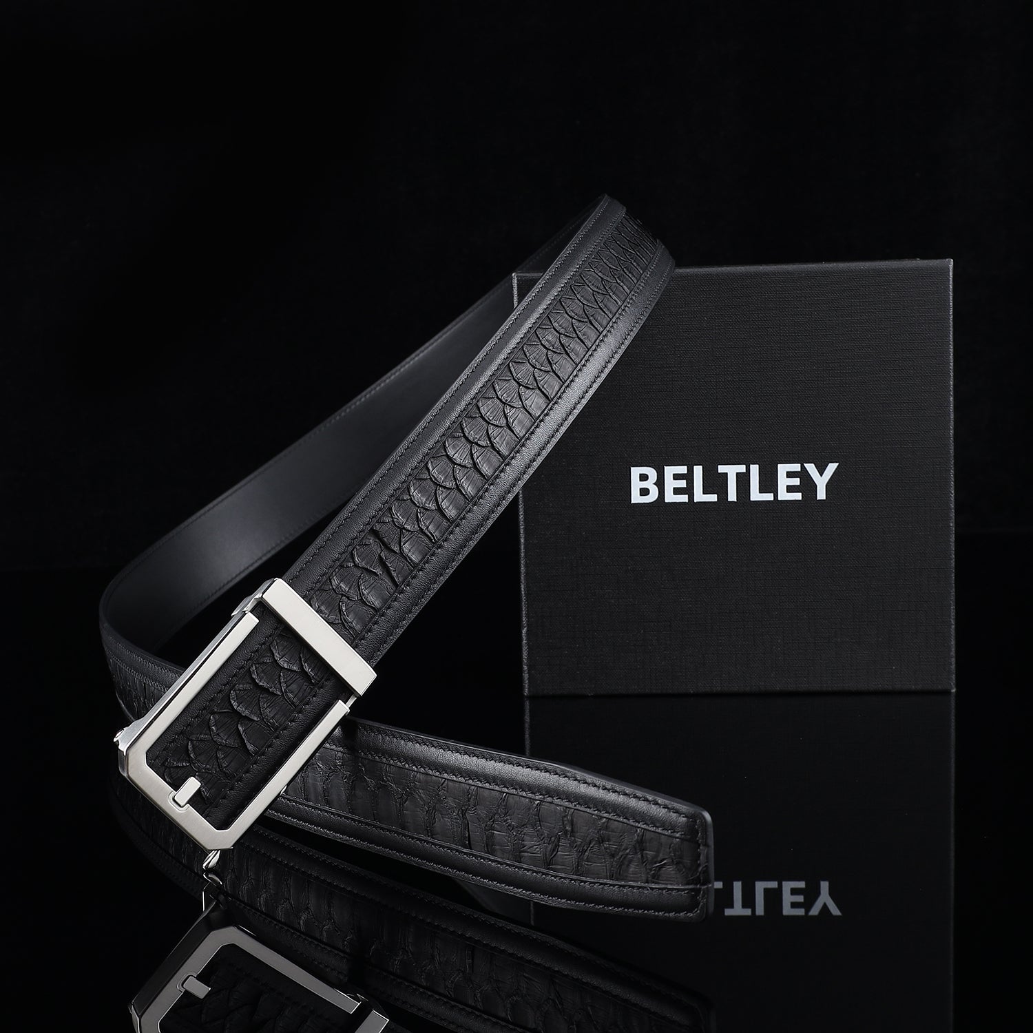 BELTLEY Black Python Leather Belt with Ratchet Buckle