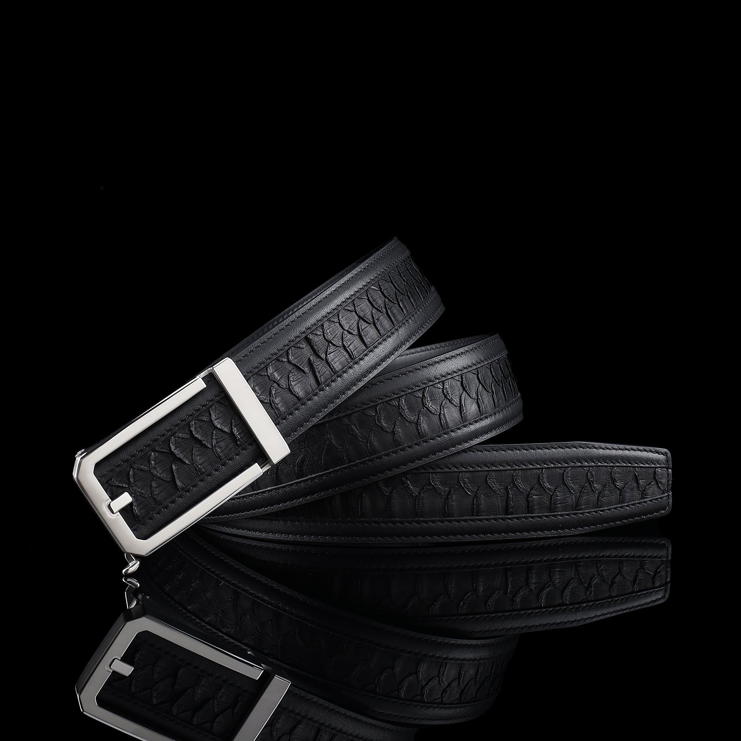 BELTLEY Black Python Leather Belt with Ratchet Buckle