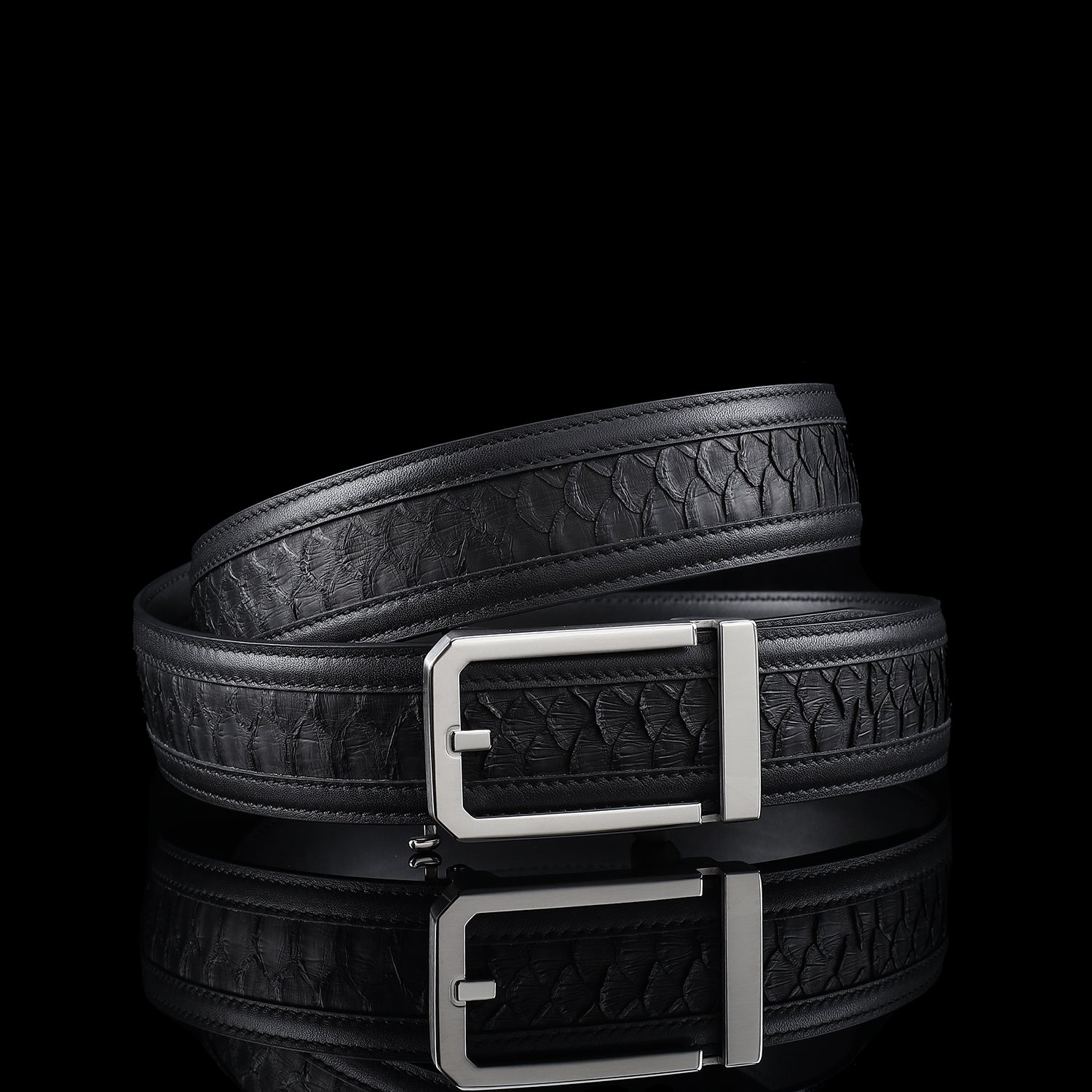 BELTLEY Black Python Leather Belt with Ratchet Buckle