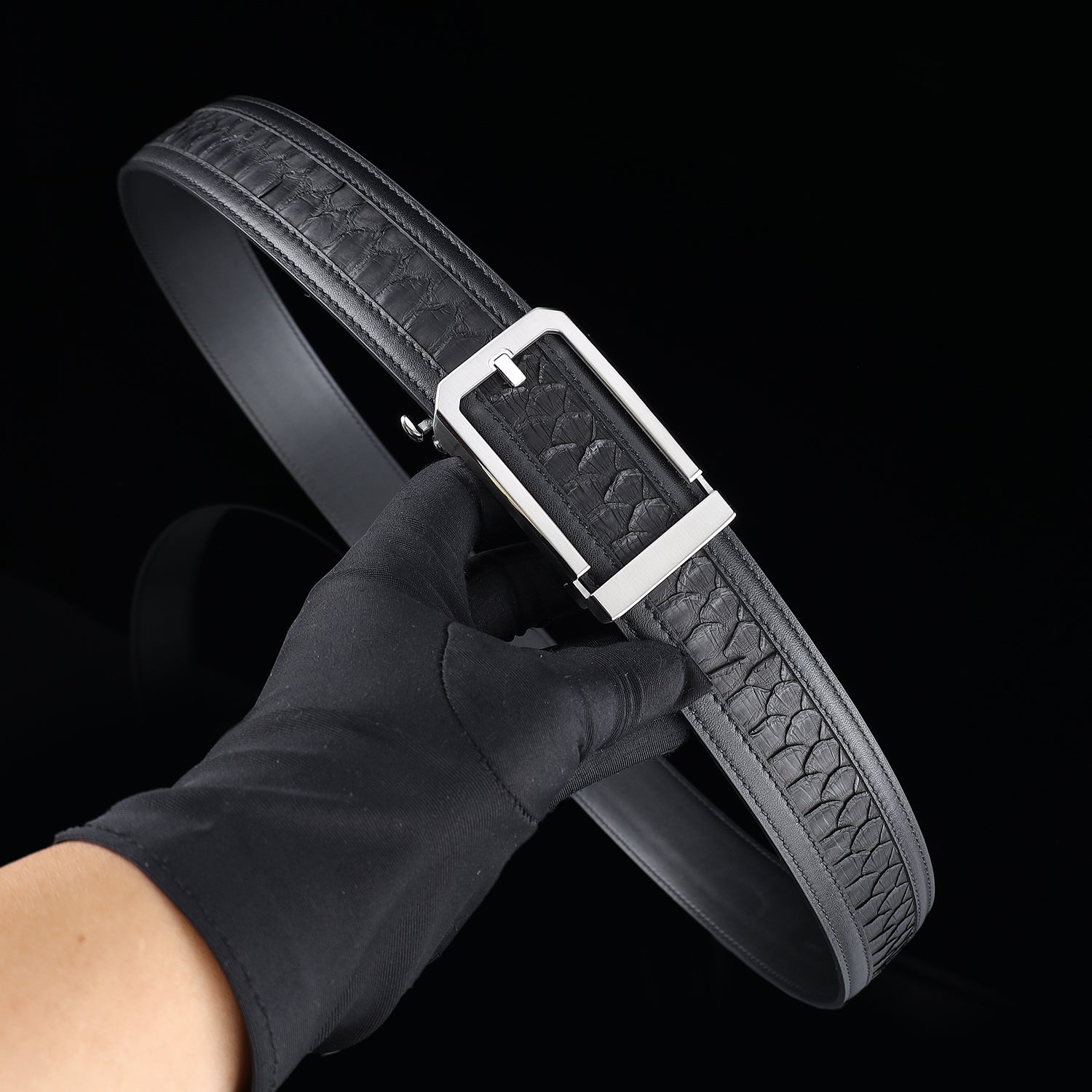 BELTLEY Black Python Leather Belt with Ratchet Buckle