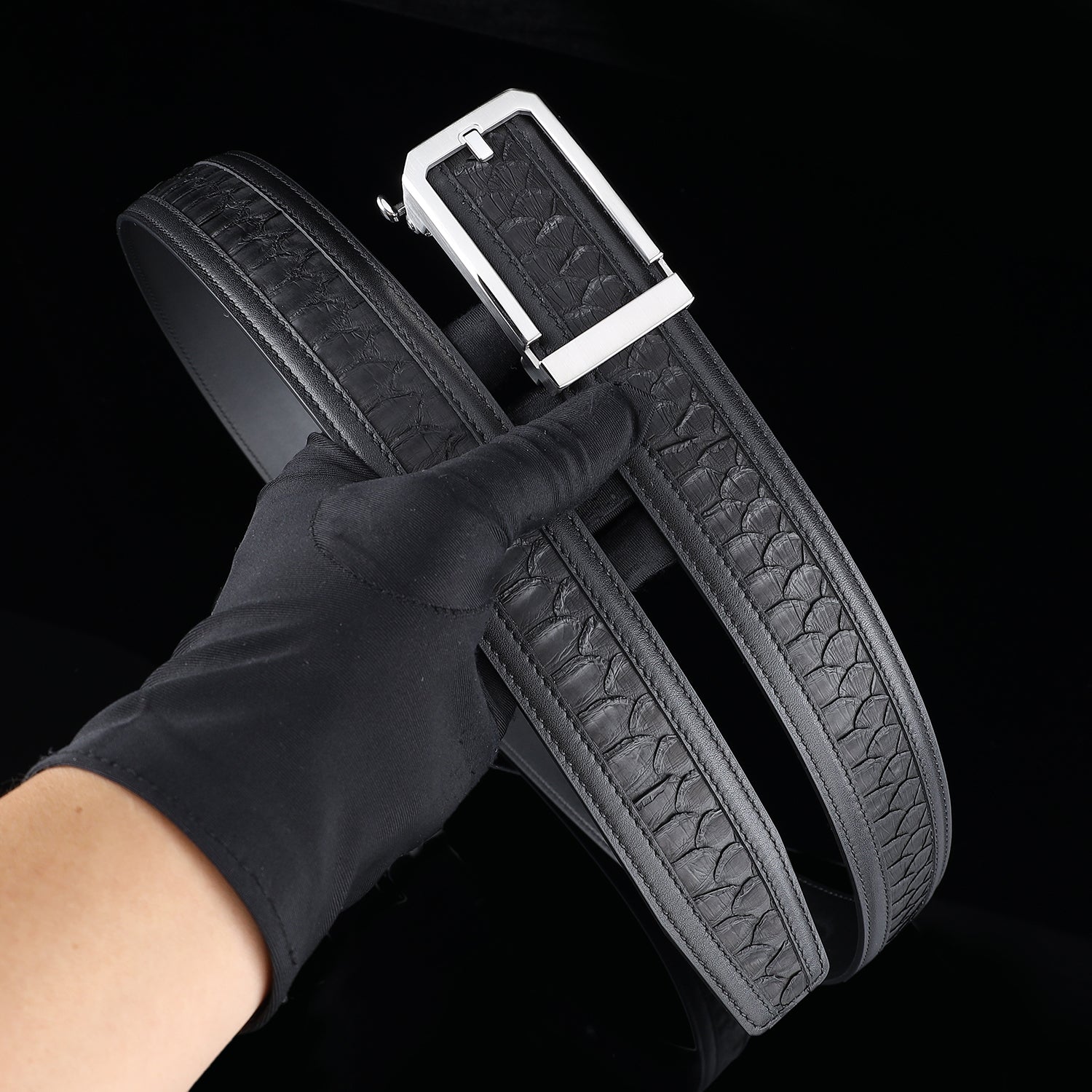 BELTLEY Black Python Leather Belt with Ratchet Buckle
