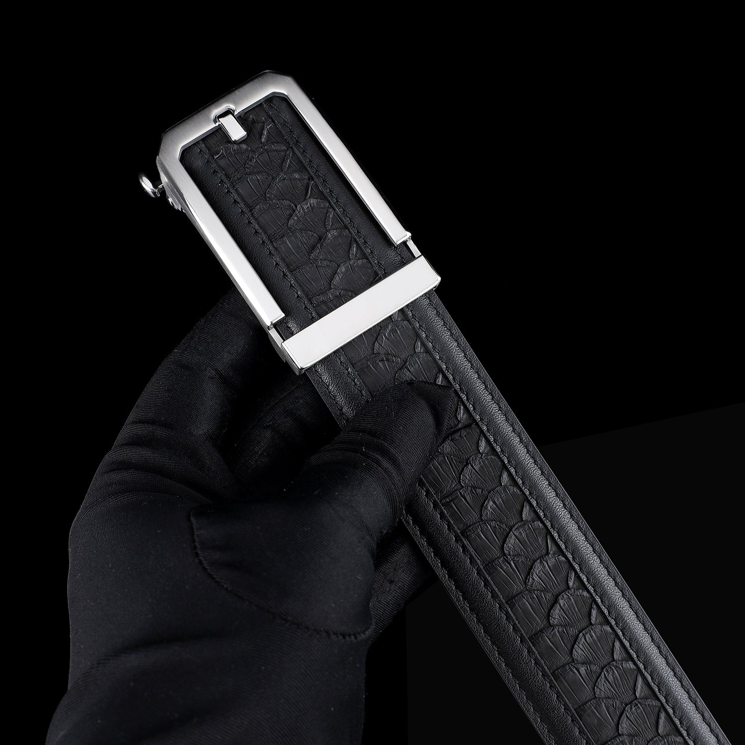 BELTLEY Black Python Leather Belt with Ratchet Buckle