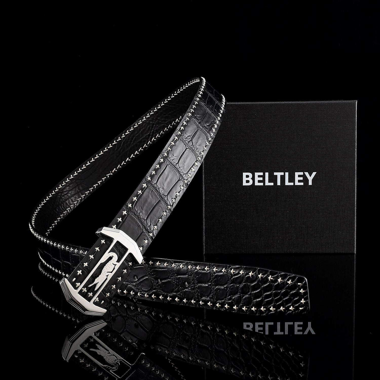 BELTLEY Black Real Crocodile Leather Belt For Men