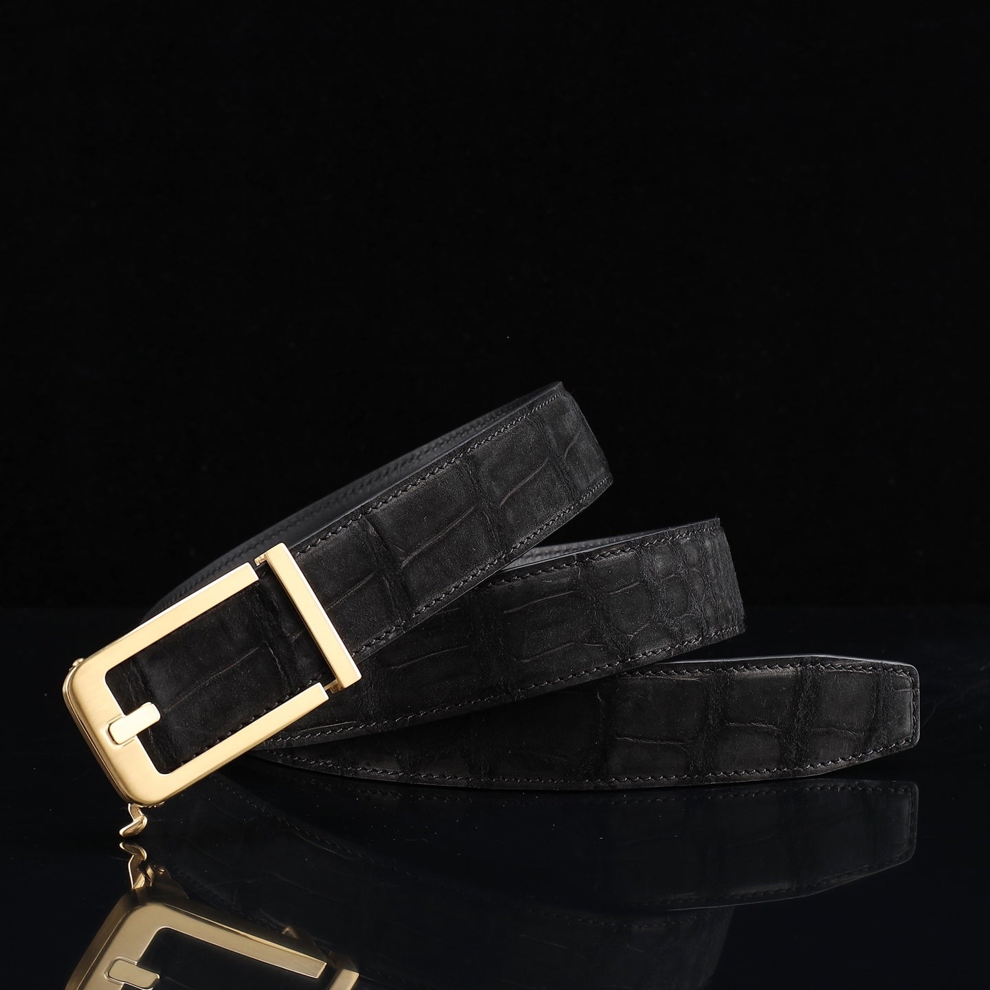 BELTLEY Black Sueded Nile Crocodile Leather Belt