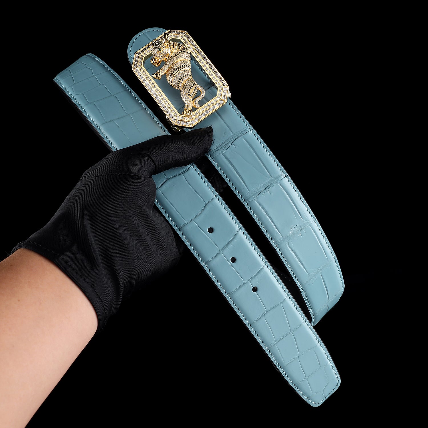 BELTLEY Blue Crocodile Skin Belt for Men with Bull Buckle