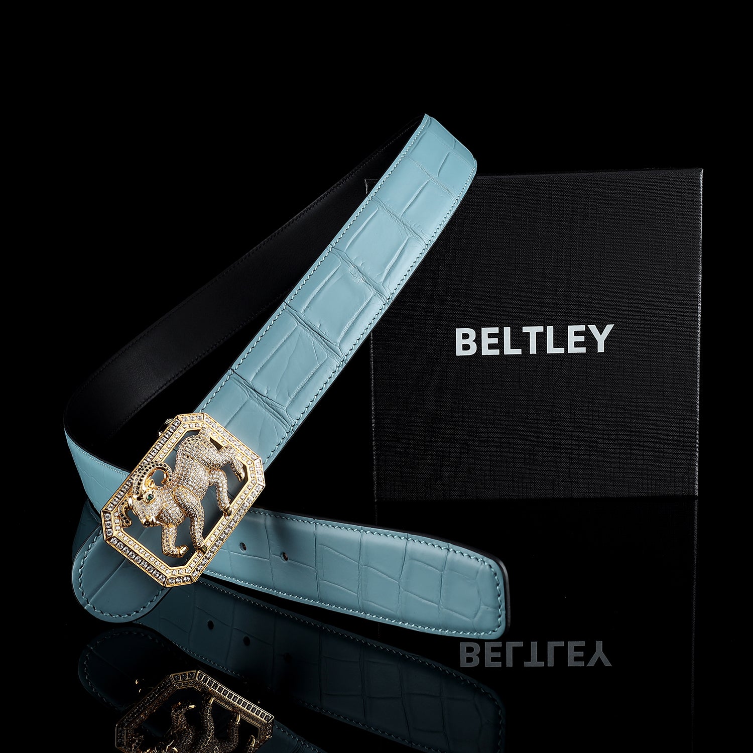 BELTLEY Blue Exotic Crocodile Leather Belt with Goat Buckle