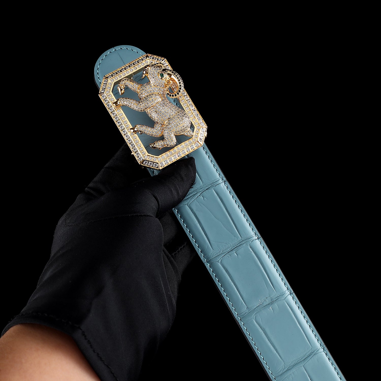 BELTLEY Blue Exotic Crocodile Leather Belt with Goat Buckle