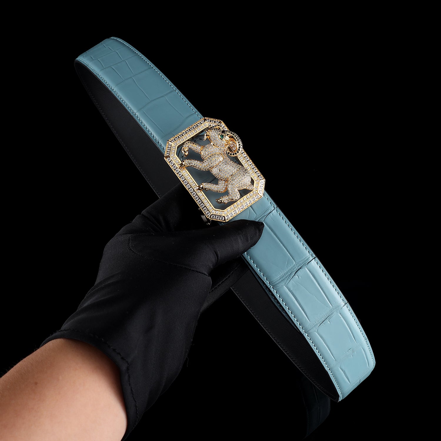 BELTLEY Blue Exotic Crocodile Leather Belt with Goat Buckle