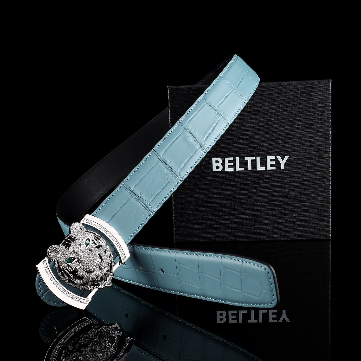 BELTLEY Blue Real Crocodile Leather Belt With Silver Tiger Buckle